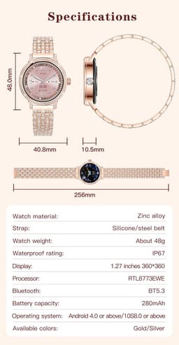 Knobbout 1.27" (3,2 cm) Smartwatch met Fonkelende Strass Steentjes – Luxe Design | Bellen via Bluetooth | Hartslag, Bloeddruk & SpO2 | IP67 Waterdicht | BT 5.3 | HD Scherm -Zilver — thumbnail 2