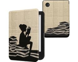 kwmobile e-reader hoesje geschikt voor Kobo Clara BW / Colour hoes - E reader flip case met magnetische sluiting - Ereader cover - Meisje met boeken design in zwart / beige