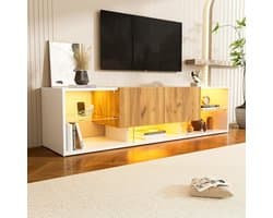 TV-kast 160 cm met LED-verlichting, 2 laden, glasplanken - wit/houtkleur
