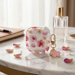 Transparant roze hoesje voor oordopjes dames met bloemen patroon en decoratieve hanger geschikt voor AirPods 4 met ronde vorm en goudkleurige clip — thumbnail 2