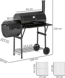 Killogood Houtskoolbarbecue van staal BBQ-smoker met deksel thermometer wielen luchttoevoer kolenbak — thumbnail 2