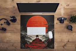 Muismat XXL 60x60 cm - Bureau onderlegger - Bureau mat Krijger - Rode trappen - Zon - Berg - Bureaumat - Gaming mousepad xl - Bureaulegger groot - Computer deskmat — thumbnail 4