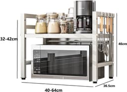 CHIWIN Magnetron Rek Wit Uitschuifbaar 40-64cm - Keuken Magnetronkast met 6 Haken - Opbergrek voor Magnetron Verstelbare Hoogte 32/42cm - Koolstofstaal - 30kg Draagvermogen - voor Magnetrons, Airfryers, Oven — thumbnail 4