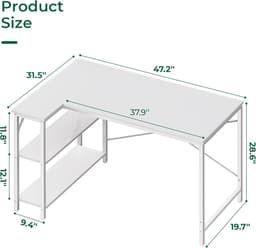 L-vormig computerbureau - Wit computerbureau - Houten bureau met open planken - 120 cm - Hoekbureau met planken Studiebureau Houten hoekbureau, geschikt voor studeerkamer, slaapkamer of thuiskantoor — thumbnail 3
