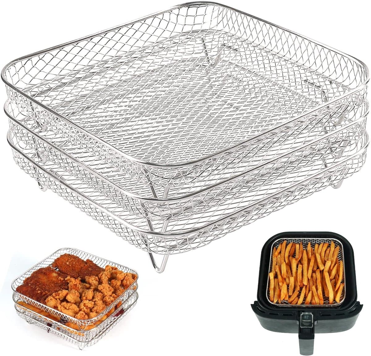 Vierkante Drie-laags Stapelbare Airfryer Rack - 304 RVS Kookrack - Capaciteit Uitbreiden - Gelijkmatig Verwarmen — afbeelding 1