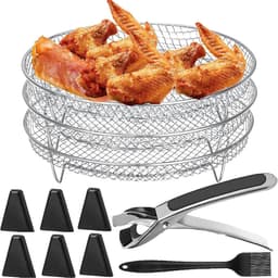 Luchtfriteuse rek - Rond roestvrij stalen dehydrator accessoires - 3 lagen stapelbaar - met silicone voeten en tong - geschikt voor 4.8L-6.6L toren. — thumbnail 1