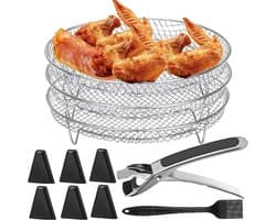 Luchtfriteuse rek - Rond roestvrij stalen dehydrator accessoires - 3 lagen stapelbaar - met silicone voeten en tong - geschikt voor 4.8L-6.6L toren.