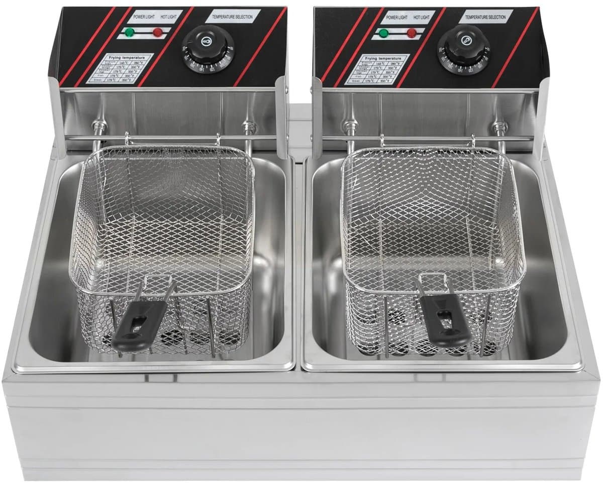Elektrische Friteuse - Dubbele Tank - Dompel Frituurpan - Professionele Frituurmachine - Roestvrijstaal - 2 x 6L Capaciteit - 2 x 2500W Vermogen - Temperatuurregeling - Voor Friet, Snacks, Kip, Garnalen - Horeca & Thuisgebruik — afbeelding 1