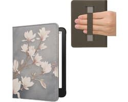 kwmobile e-reader hoesje geschikt voor Amazon Kindle Paperwhite (2024)/Colorsoft hoes - E reader flip case met magneetsluiting - Ereader cover - Magnolia design in taupe / wit / blauwgrijs