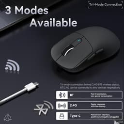 ATTACK SHARK X3 - Lichtgewicht Gaming Muis - PAW 3395 Sensor - 49g Superlight - BT + 2.4G Draadloos + Bedraad - 26.000 DPI - 200u Accu - Zwart — thumbnail 4