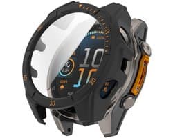 Screenprotector case - geschikt voor Garmin Tactix 8 AMOLED 47mm - full cover hoesje - gehard glas - 47 mm - volledige bescherming - zwart oranje