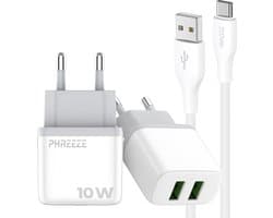 Phreeze usb oplader 2.4 A - Usb naar usb C kabel - 1 meter - Dubbele usb poort lader voor draadloze speaker koptelefoon powerbank smartphone tablet ereader
