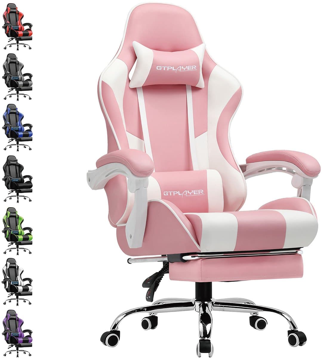 GTPLAYER Gamingstoel Ergonomische met Volledige Ondersteuning voor Hoofd, Lenden en Voeten, PU-Roze — afbeelding 1