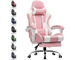 GTPLAYER Gamingstoel Ergonomische met Volledige Ondersteuning voor Hoofd, Lenden en Voeten, PU-Roze