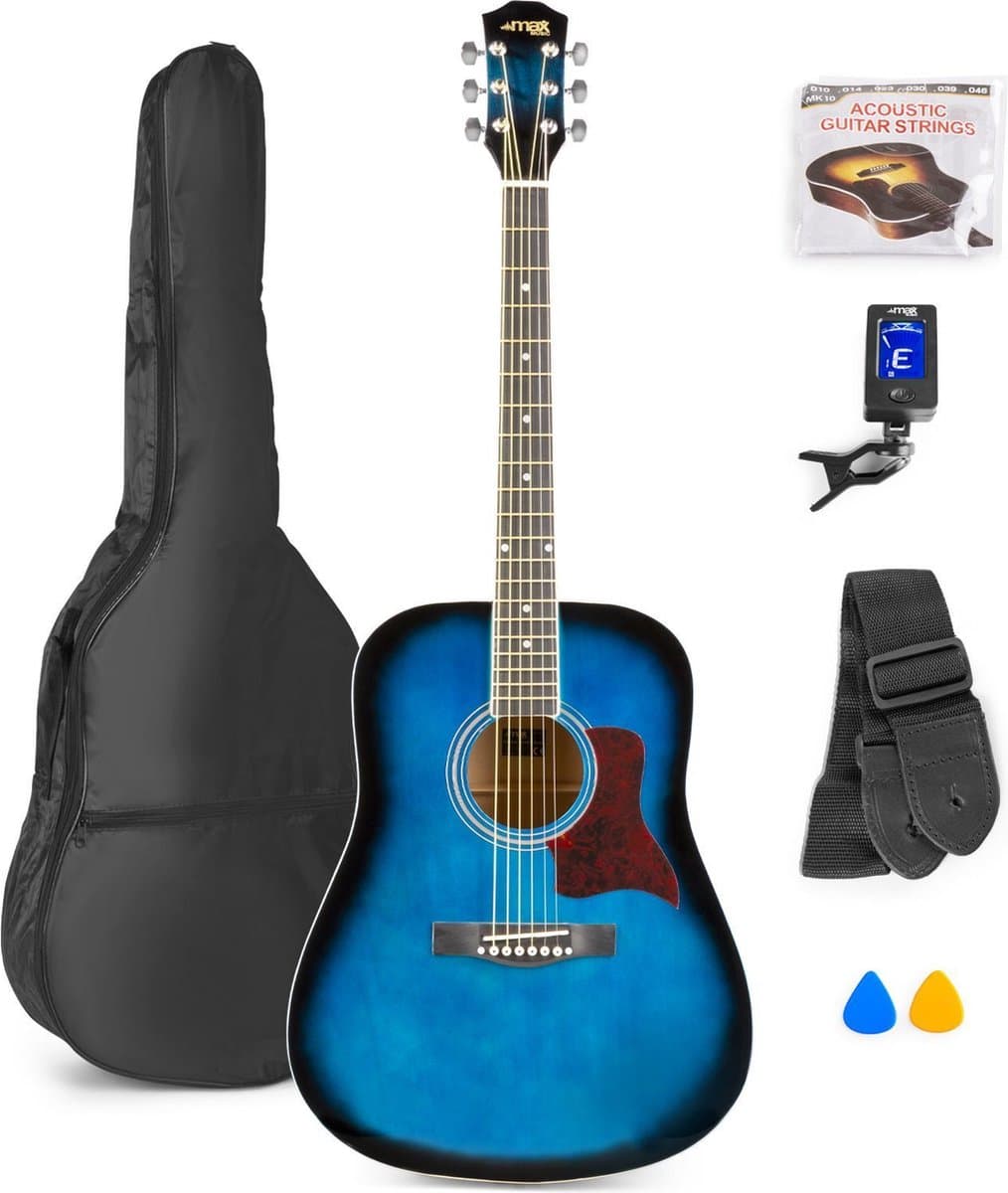Akoestische gitaar voor beginners - MAX SoloJam Western gitaar 4/4 - incl. gitaar stemapparaat, gitaartas en 2x plectrum - Blauw — afbeelding 1