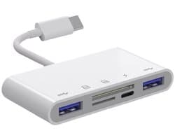 5 IN 1 USB-C naar 2X USB Female + USB-C + SD + Micro-SD (tf) kaarlezer adapter kabel connector - voor o.a. telefoon en laptop - wit