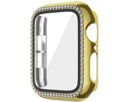 Watch case screenprotector - hoesje - gehard glas - geschikt voor Apple Watch Series 7/8/9 met case size 45 mm - glittersteentjes - goud