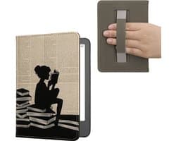 kwmobile e-reader hoesje geschikt voor Amazon Kindle (2022/2024) hoes - E reader flip case met magneetsluiting - Ereader cover - Meisje met boeken design in zwart / beige