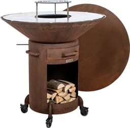 WELDED BARREL 1000 Barbecue Vuurschaal - bbq cortenstaal - houtgestookt - standaard met wielen, aslade, stookrooster - regelbare luchttoevoer onder in vuurschaal waardoor veel minder last van rook, afdekplaat — thumbnail 1