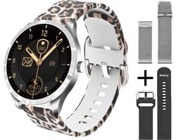 Belesy® BQSiZiPp Pro - Smartwatch Dames – Smartwatch Heren - Horloge - 1.28 inch - Kleurenscherm - Stappenteller - Bloeddruk - Hartslag - 75+ Wijzerplaten – Sporten – Zilver – Panterprint – extra polsband Milanees Zilver en Zwart - Kerstcadeau