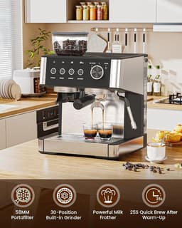 Espressomachine met geïntegreerde Bonenmaler - 20 Bar - 30 Maalstanden - 2,3L Watertank - 270g Bonenreservoir - Melkopschuimer - Zelfreinigend - Cold Brew - Voor Thuis en Kantoor — thumbnail 3