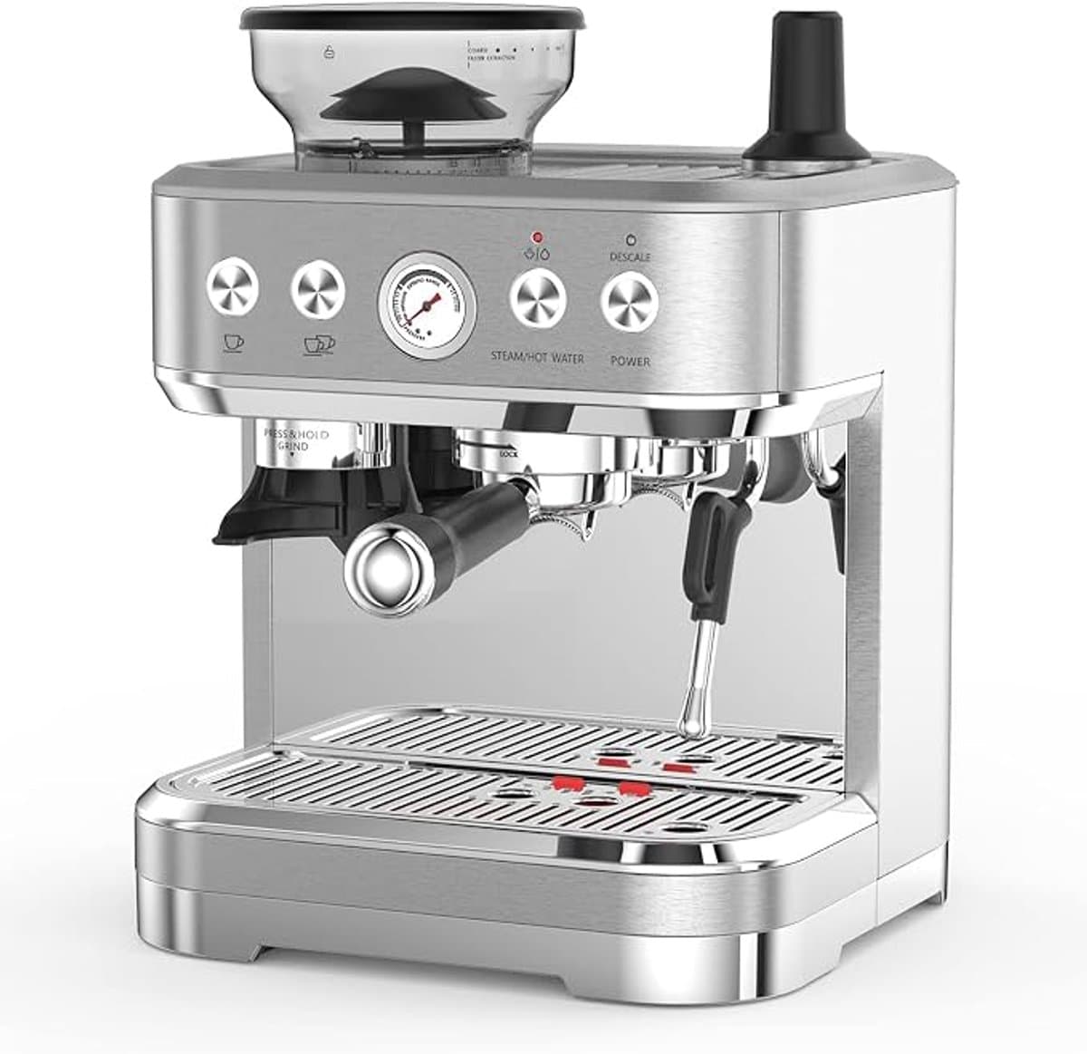 Espressomachine met Maal functie - Geborsteld RVS - 1350W Directe Verhitting - Handmatige Drukregeling - Thuis en Kantoor — afbeelding 1