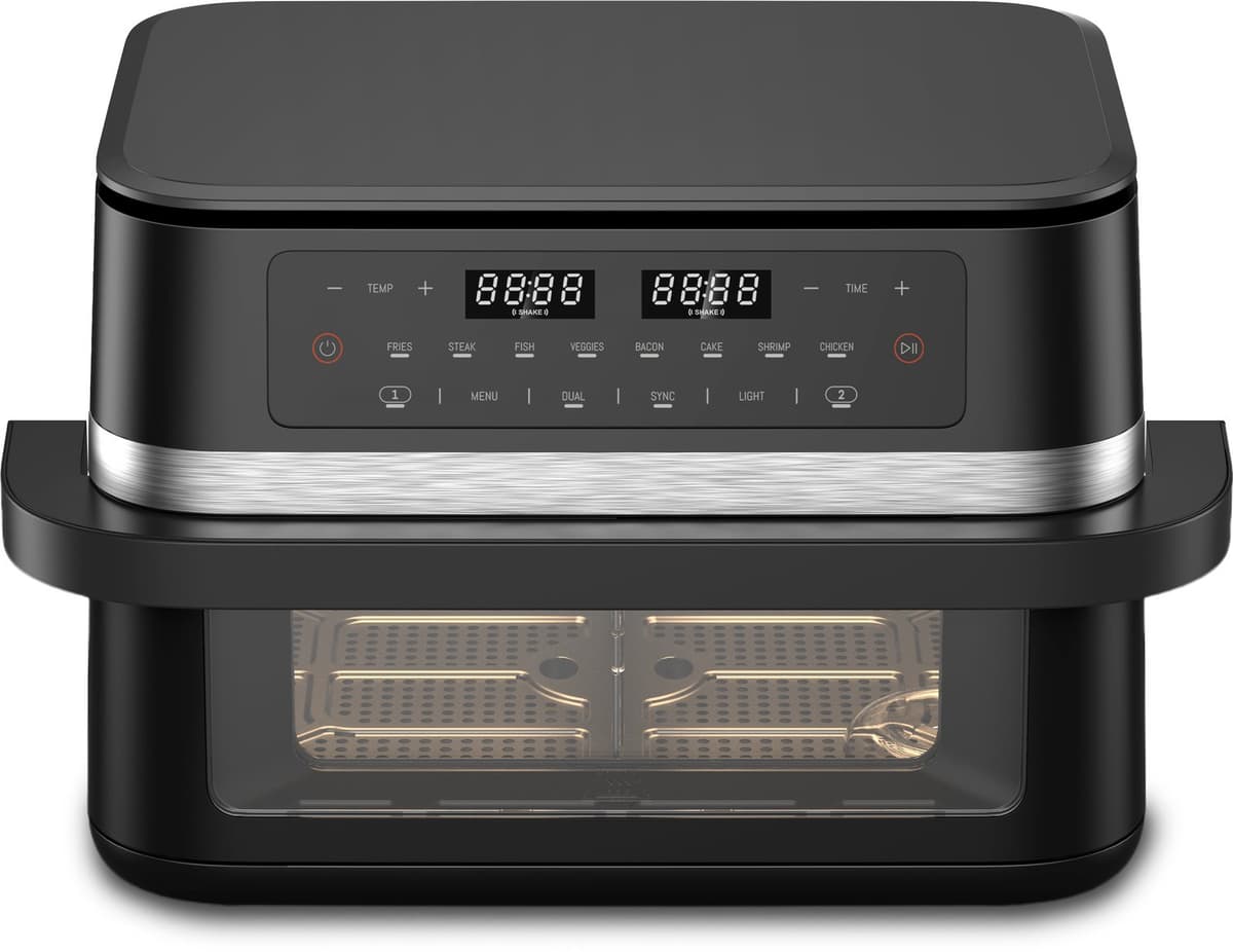Vivid Green Dubbele Airfryer – 12L – Dual Zone met SYNC – Uitneembare Verdeler – Kijkvenster – 2950W – PFAS-vrij – Zwart — afbeelding 1