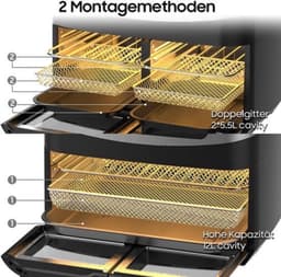 Heteluchtfriteuse Dubbele Kamer - 12 Liter Inhoud - 2600 W Vermogen - Polypropyleen Materiaal - Zwart - Airfryer — thumbnail 4