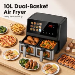 VHV-Dubbele airfryer met 2 manden en kijkvenster - 10L hetelucht friteuse - 38 x 24 x 30 cm - 2000W met zwevend touchscreen en 12 programma's - RVS en kunststof - Zwart — thumbnail 3