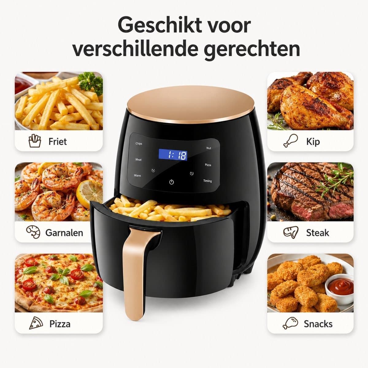 VERON VR-1010 Airfryer – 1400W – 4.5 Liter Binnenmand / 5.5Liter Buitenpan – Digitale Touchscreen – Zwart/Goud — afbeelding 1