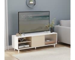 Moderne TV-kast Depauwwonen – Lowboard voor televisies tot 60 inch, Wolkenwit & Natuurlijk Beige, Supersnelle Gereedschapsloze Montage, Ribbelglas, Hoogwaardige Spaanplaat & Stalen Poten, Opbergruimte met Schuifdeuren, 140x39x45 cm