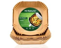 HI NATURE™ Bakpapier - Airfryer Bakpapier - 100 Stuks Vierkant - Wegwerpbakjes - Airfryer Accesoires - Heteluchtfriteuse - Luchtfriteuse Wegwerp Bakjes | Geschikt voor Airfryer XL en XXL- 20 tot 24 cm