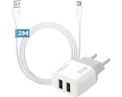 Phreeze usb oplader 2.4 A - Usb naar usb C kabel - 2 meter - Dubbele usb poort lader voor draadloze speaker koptelefoon powerbank smartphone tablet ereader