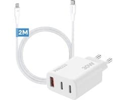3 - Poorts usb adapter met 2m oplaadkabel geschikt voor iPhone 14 13 12 11 x - Usb oplaadstekker met meerdere poorten met power delivery kabel