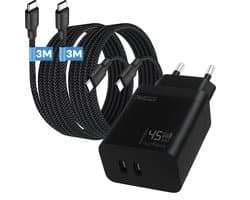 Snellader usb C adapter 45 W - Dual port Power Delivery GaN oplader met 2 usb C naar usb C kabels 3m - Laptop oplader usb C