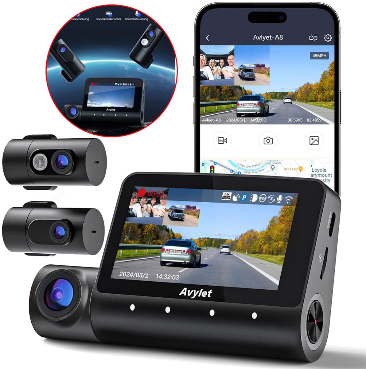 A8 Dashcam 5K/4K+1080P+1080P - Ultra 5K resolutie - 3 Channel Dash Cam - 170 graden kijkhoek - Parkeerbeveiliging 3 Parking Modes - Wifi - Gps - 170 + 150 graden kijkhoek - G Sensor - Full HD achter camera — afbeelding 1