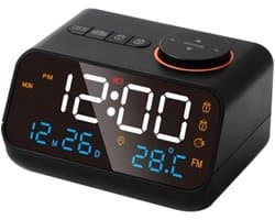 Multifunctionele wekker - met FM-radio - afleesbare LED-digitale klok - temperatuur- en vochtigheidsweergave - spraakbediening/altijd-aan-schakelaar - instelbare helderheid - snooze-functie - snooze-alarm - wit