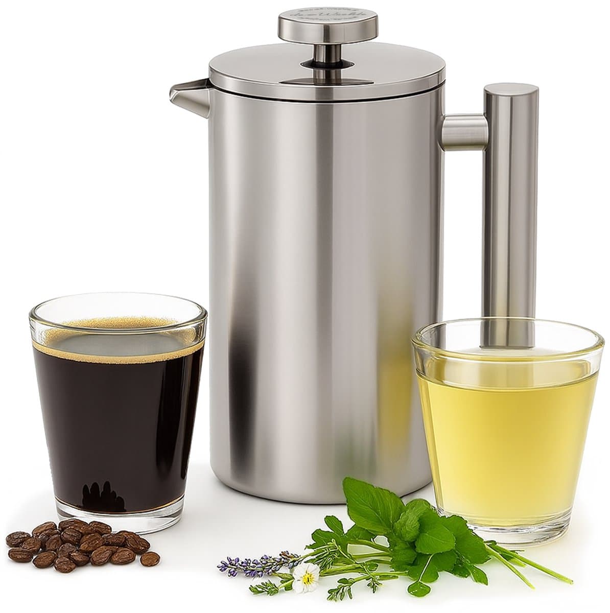 French press - cafetiere / theepot met filter - dubbelwandig RVS met theefilter voor losse thee of gemalen koffie - 1 liter — afbeelding 1