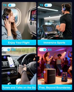 Bluetooth 5.3 zender ontvanger, vliegtuig bluetooth adapter 2 oortelefoons, draadloze audio-adapter auto, handsfree telefoon, max. 16H, 3,5 mm aux-aansluiting op de reisvlucht, tv, autoradio, fitnessruimte — thumbnail 3