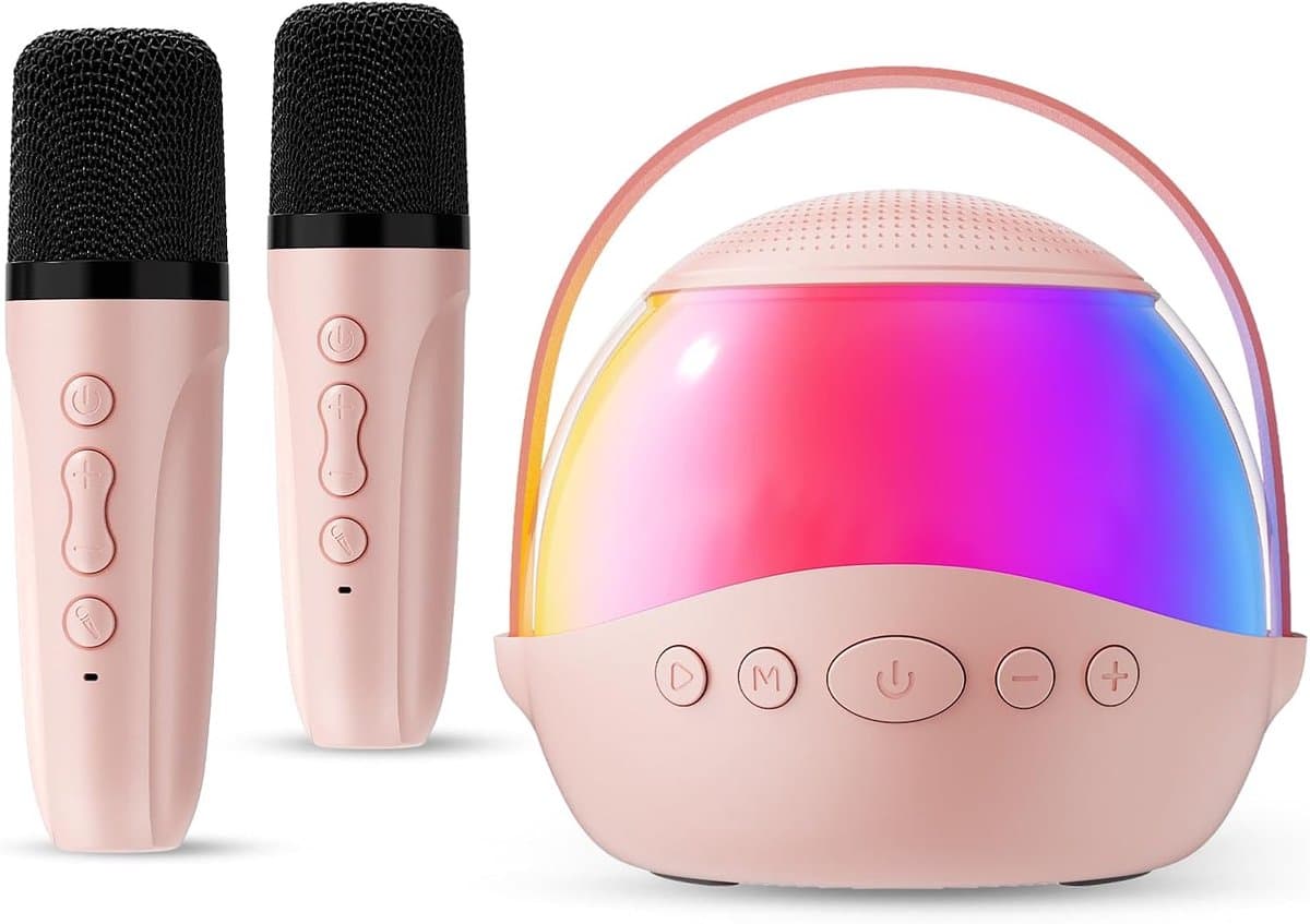 Mini karaokemachine als cadeau Geschikt voor kinderen en volwassenen, draagbare karaokeluidspreker met 2 draadloze microfoons, kindermicrofoon met luidspreker en led-lampje, verjaardagscadeau Geschikt voor meisjes van 3 tot 12 jaar (roze) — afbeelding 1