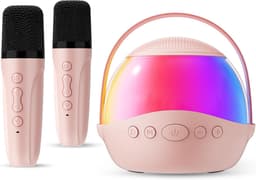 Mini karaokemachine als cadeau Geschikt voor kinderen en volwassenen, draagbare karaokeluidspreker met 2 draadloze microfoons, kindermicrofoon met luidspreker en led-lampje, verjaardagscadeau Geschikt voor meisjes van 3 tot 12 jaar (roze) — thumbnail 1