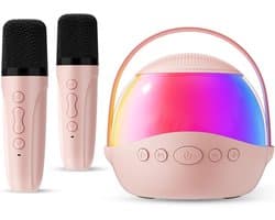 Mini karaokemachine als cadeau Geschikt voor kinderen en volwassenen, draagbare karaokeluidspreker met 2 draadloze microfoons, kindermicrofoon met luidspreker en led-lampje, verjaardagscadeau Geschikt voor meisjes van 3 tot 12 jaar (roze)
