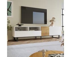 OKWISH TV-kasten 180x38x50 cm - TV meubel Met Twee Laden En Deuren - Stijlvol En Praktisch - Rechthoekig - Televisie Meubel - MDF - Wit + Houtkleur