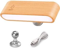 Dimbare LED-leeslamp voor boeken in bed - Draagbare, draadloze nachtlamp met houten afwerking