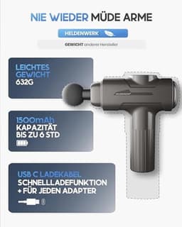 HELDENWERK Massagepistool incl. 6 massagekoppen en 3200 omw/min, spiermassagepistool met USB-C-aansluiting, spiermassageapparaat, massagegun, spiermassagepistool, spierpistool (grijs) — thumbnail 3
