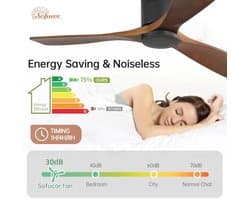 Plafondventilator met Afstandsbediening, 132cm Houten Plafondventilator, 6 Snelheden, Timer, DC Motor, Stil voor Slaapkamer