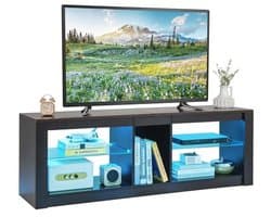 Tv-kast met ledverlichting voor tv's tot 65 inch - Verstelbare glazen planken en opbergruimte in vintage stijl