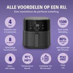 Brabantia Airfryer XL - 4 liter - Digitaal Touchscreen - 8 Kookprogramma's - Tot 4 Personen - PFAS-Vrij - 80ºC tot 200ºC - 1700 Watt - BBEK1134 — thumbnail 3