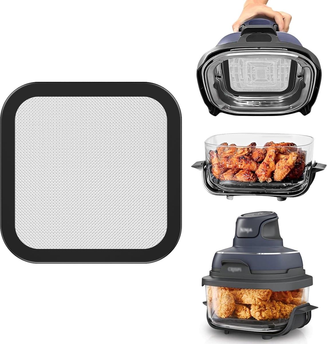 Airfryer accessoires Gescht voor Ninja CRISPi 1x roestvrij staal fijnmazige spatbescherming + 1x siliconen hittebestendige onderlegger voor Ninja heteluchtfriteuse FN101EUGY, FN101EUST en — afbeelding 1