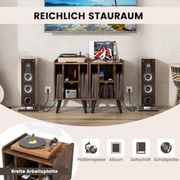 COSTWAY Draaitafel standaard met laadstation, vinylplaten, draaitafel tafel met 4 open planken, vinylplaatstandaard vintage, bijzettafel voor woonkamer kantoor, 43 x 34,5 x 67,5 cm (vintage) — thumbnail 5
